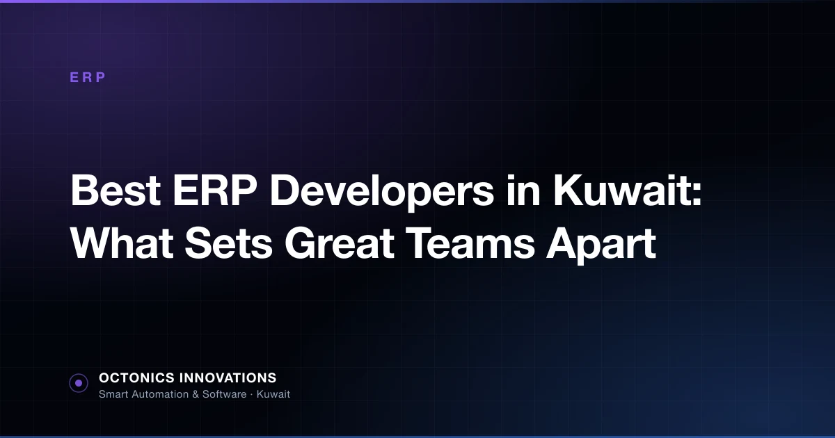 Octonics branded cover card titled Best ERP Developers in Kuwait, showing a developer team around ERP module diagrams